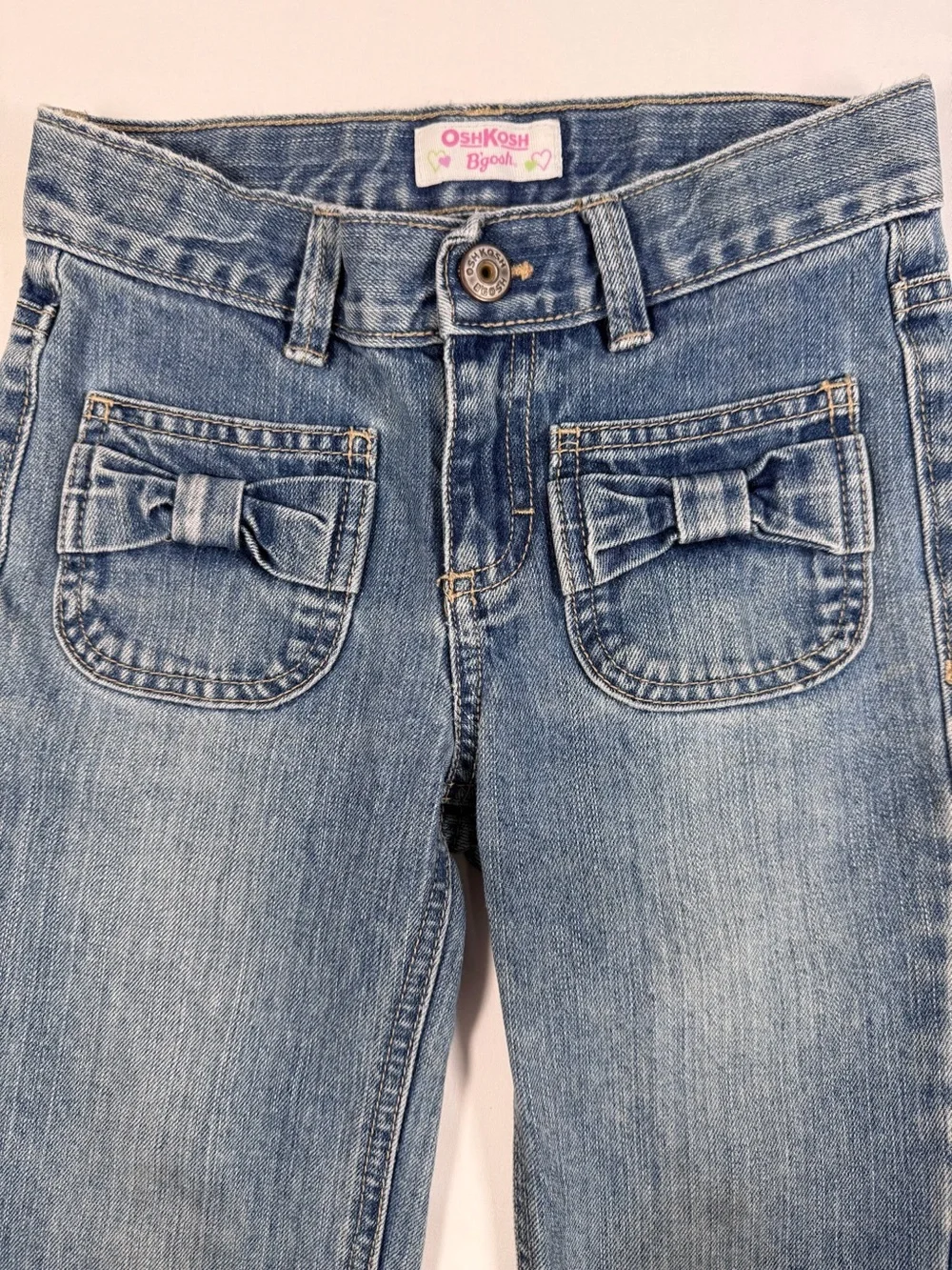 VINTAGE OSHKOSH B’GOSH Girls 7 2000s Embroidered Floral Bow Pocket Jeans Y2K‎